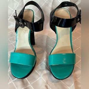 Le Chateau Black/Teal Platform Strappy Sandals, size 8.5
